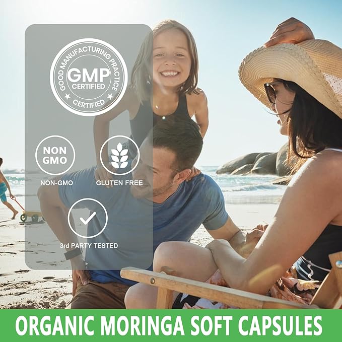 Moringa Softgels, Organic Pure Moringa Oleifera Leaves Extract for Energy, Skin, Gut Health, Immune, Natural Antioxidant, High Potency Moringa Oil Than Moringa Powder, Non-GMO, 60 Serving