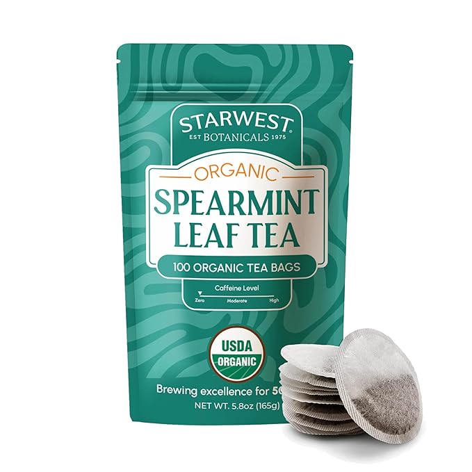 Starwest Botanicals Organic Spearmint Leaf Tea - Caffeine Free Herbal Tea, Promotes Calm, USDA Organic Spearmint Leaf, String Free Sachets, Non GMO - Bulk Pack, 100 Tea Bags