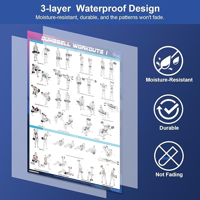 Dumbbell Workout Poster Set (2 Pack) - Workout Charts for Home Gym, Volume I & II - 18" x 24" with Enlarged Dumbbell Exercise Illustrations