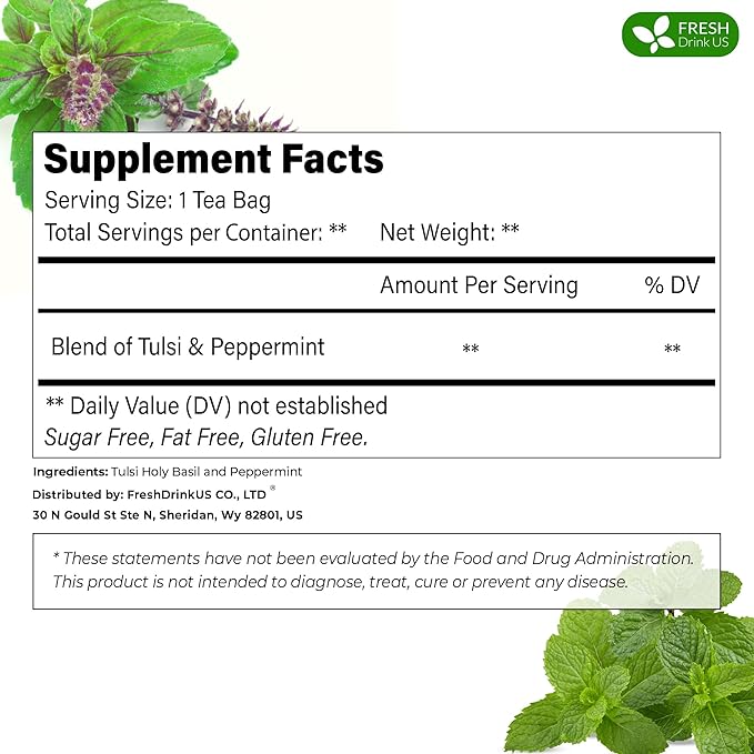 FreshDrinkUS, Premium Tulsi Peppermint Herbal Tea – 55 Tea Bags, 100% Natural, Blend of Tulsi Holy Basil Leaves, and Peppermint Leaves. Made with Natural Material Tea Bags. No Sugar, Vegan.