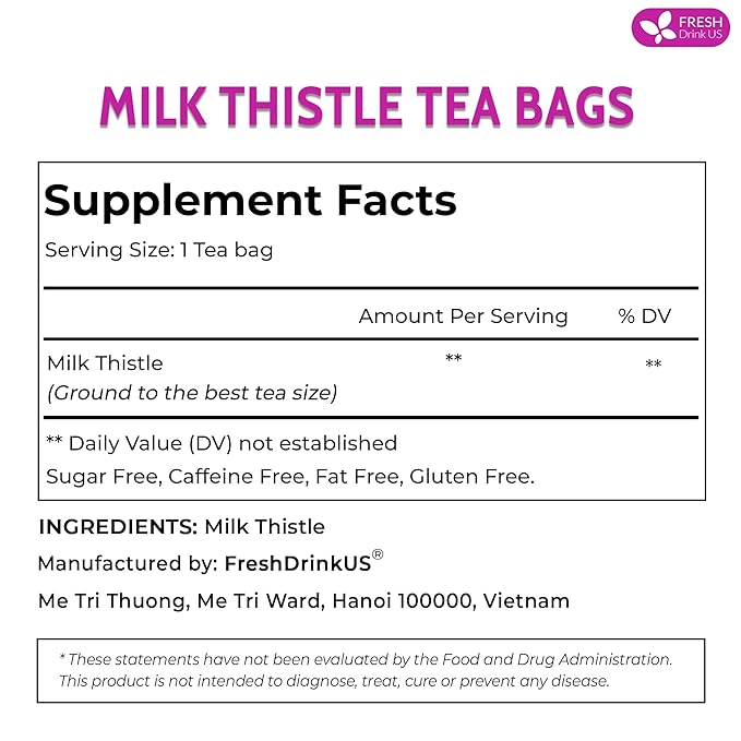 FreshDrinkUS, Premium 75 Milk Thistle Tea Bags, 100% Natural & Pure from Milk Thistle Seeds. Milk Thistle Seed Herbal Tea. Made with Natural Material Tea Bags. No Sugar, No Caffeine, No Gluten, Vegan.