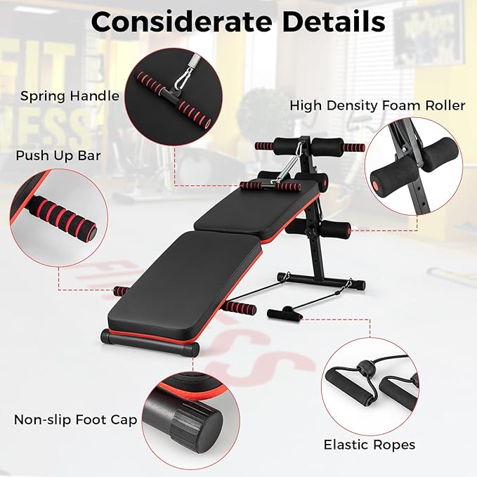 GYMAX Sit Up Bench, 330lbs Folding Decline Workout Bench with Spring Handle, Elastic Ropes & 4 Level Adjustable Height, Incline Weight Bench for Situp, Ab Crunch, Strength Training Exercise for Home Gym