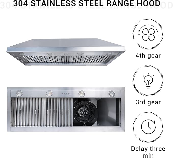 CHETTO C Stainless Steel Range Hood Cover with Quiet Vent Hood Insert Custom Handcrafted Metal Kitchen Fan with Towel Rack LED Light 42"W x21"D x21"H Brushed Stainless Steel Wall Mount