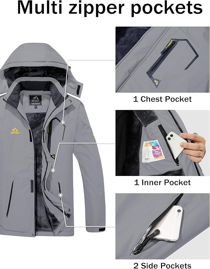 MAGCOMSEN Men's Winter Coats Water Resistant Ski Snow Jacket Warm Fleece Jacket Parka Raincoats With Multi-Pockets