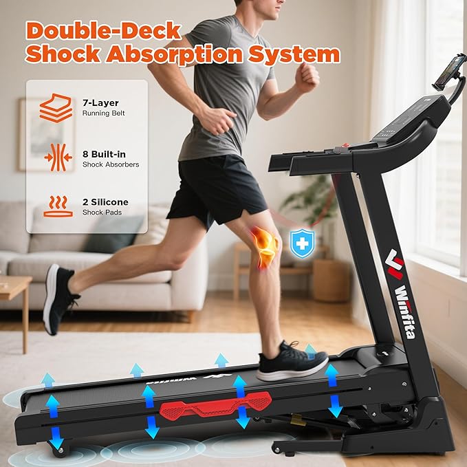 Treadmills for Home, Folding Treadmill with Auto Incline, 300 LBS Capacity, 8MPH or 10MPH Max Speed, Double Deck Shock-Absorbing Running Machine with Bluetooth, App, 64 Programs, Pulse Monitor