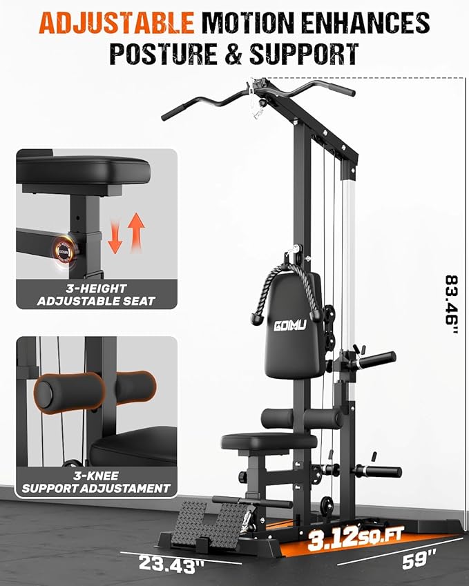 LS01 LAT Pulldown Machine, LAT Row Cable Machine with AB Crunch, LAT Tower with Cable Row Attachments, 3 in 1 Pulley Stations for Home Gym