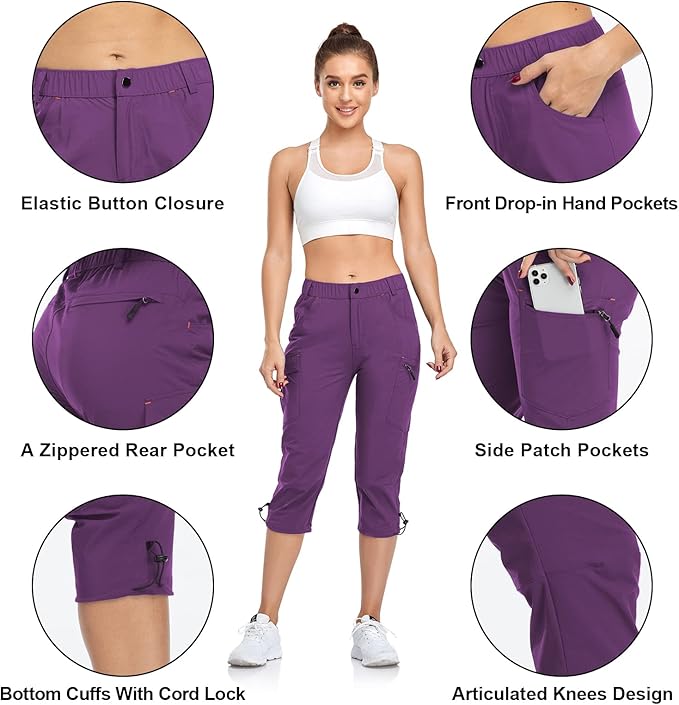 GymBrave Women's Hiking Cargo Pants Quick Dry Outdoor Camping Capris Water Resistant UPF 50 with Zipper Pockets