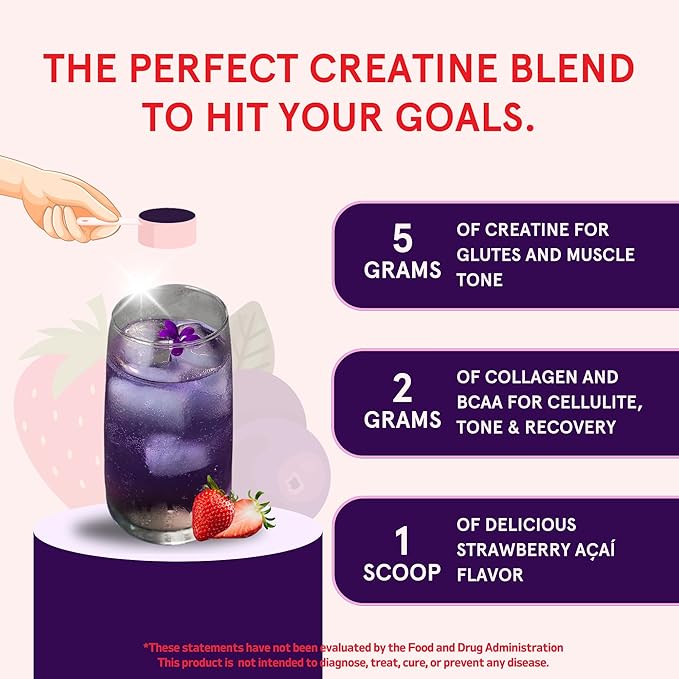Creatine Monohydrate Powder, Glute Builder Creatine for Women with Collagen, BCAAs, 5g Vegan Micronized Creatine per Serving, for Energy, Muscle Support, 30 SVG, Strawberry Acai
