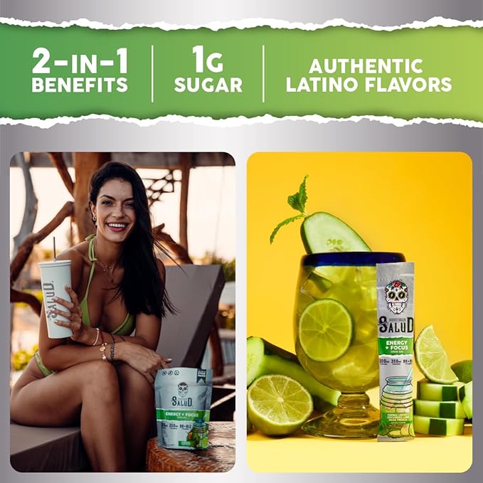 Salud 2-in-1 Energy Drink Powder + Focus, Cucumber Lime, Organic Caffeine, B6 + B12, Theanine, Clean Energy Drink Packets, Agua Fresca Mix, Non-GMO, Gluten Free, Vegan, 1g of Sugar, (15 Servings)
