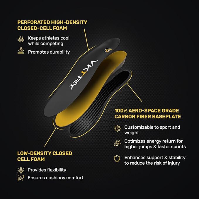 VKTRY Gold for Cleated Shoes - Carbon Fiber Performance Insoles - Customized Inserts for Football, Baseball, Lacrosse & More| Run Fast, Jump High, Support Recovery, US M8-8.5, W10-10.5, <120lb