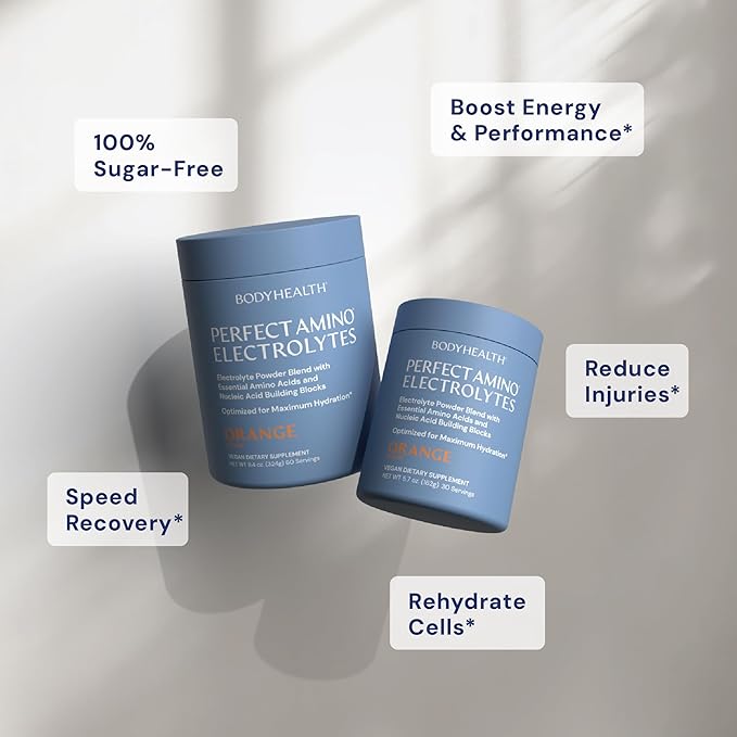 BodyHealth PerfectAmino Electrolytes Powder No Sugar, Keto Sugar Free Fasting Electrolytes Drink Mix, Hydration Powder with Trace Minerals - Orange - 30 Servings