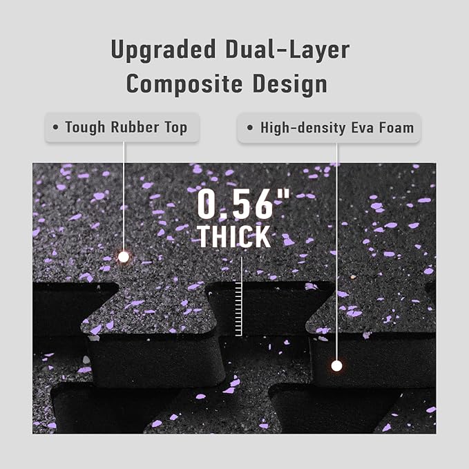 0.56in Thick 96 Sq Ft Exercise Equipment Mats, 24 Tiles Upgraded Rubber Top with High Density EVA Foam, Large Interlocking Puzzle Gym Flooring for Home Gym, Heavy Weight Workout, Black & Purple