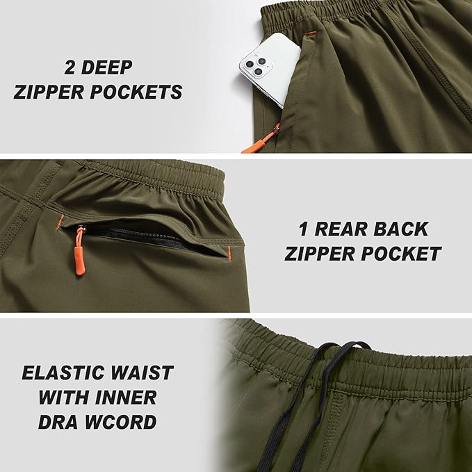 Men's Gym Shorts Sports Quick Dry Workout Running or Casual Training Short with Zipper Pockets