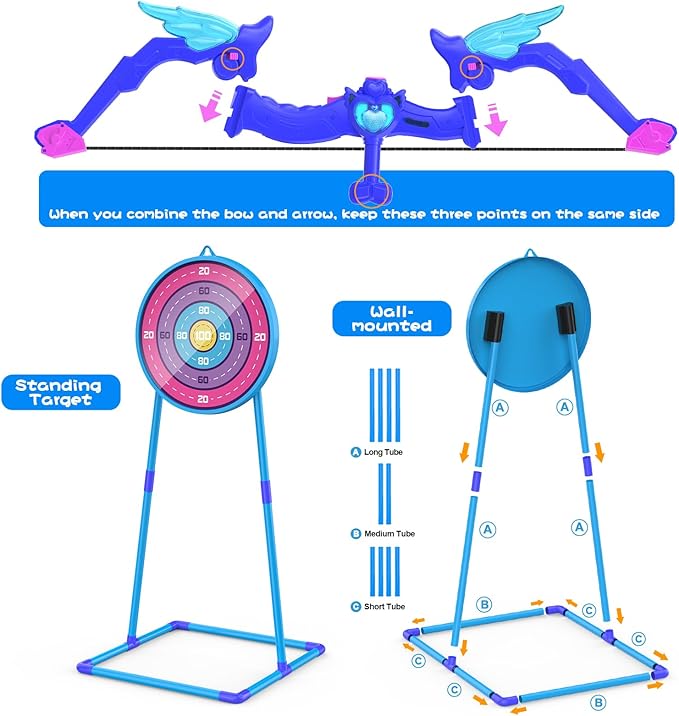 Kids Bow and Arrow Toy, Angel Light Up Archery Set W/ 10 Suction Cup Arrows, Targets & Quiver, Outdoor/Indoor Games for Kids Ages 4-7 8-12, Birthday Gifts for 4 5 6 7 8 9 10 11 12 Year Old Boys Girls