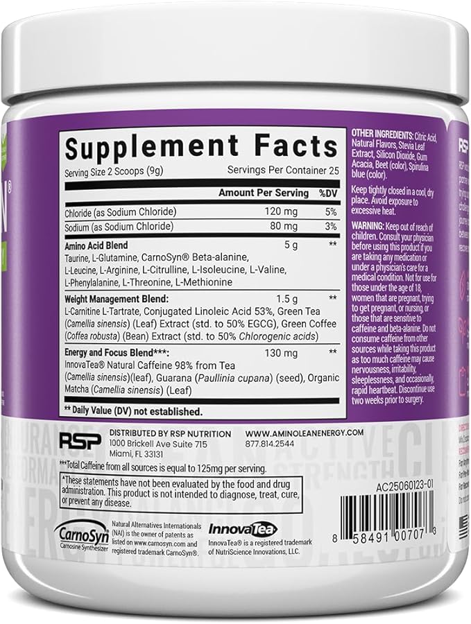 RSP NUTRITION AminoLean Natural Pre Workout Powder, Sucralose Free Amino Energy with No Artificial Dyes, Vegan BCAAs and Weight Management, Acai, 25 Serv