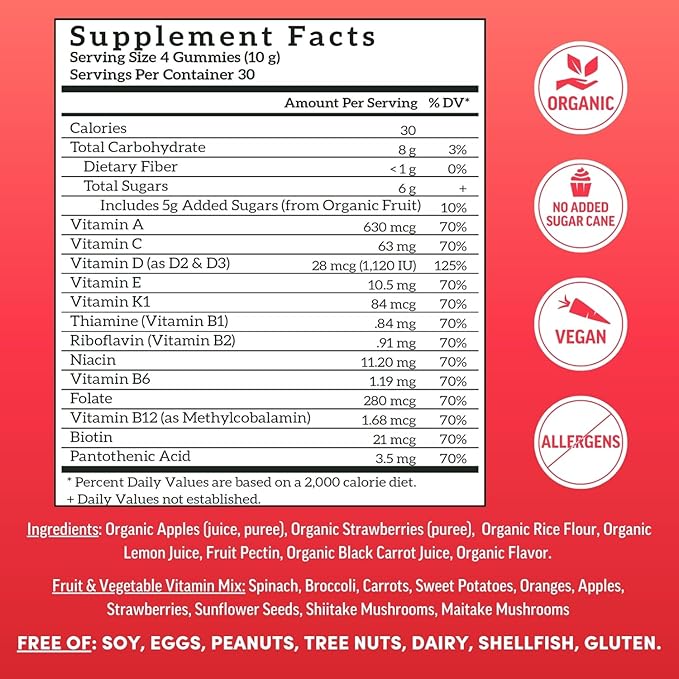 Llama Naturals Multivitamin for Women & Men, Vegan, Organic Gummies with Vitamin D, C & K, Adults Real Fruit Gummy Vitamins, Chewable Multivitamin Supplement, No Added Sugar Cane, Strawberry, 120 Ct