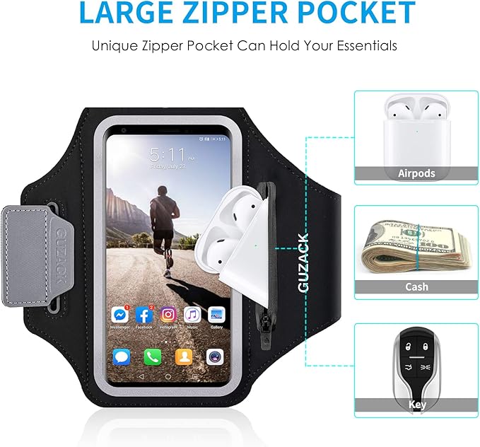 GUZACK Phone Holder for Running with Zipper Pouch, Running Armband for iPhone 16 Pro/15/14/13/12/11 Pro Max/Plus/XR/XS, Galaxy S25/S24/S23/S22, Cell Phone Arm Holder with Key Pocket & Card Slot