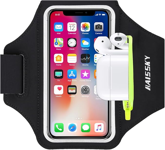 Running Armband with Earphone Bag Cell Phone Armband for iPhone 16 15 Pro 14 Plus 13 11 XR XS, Galaxy S24/S10 Water Resistant Sports Phone Holder Case & Zipper Slot Car Key Holder for 6.9 inch Phone