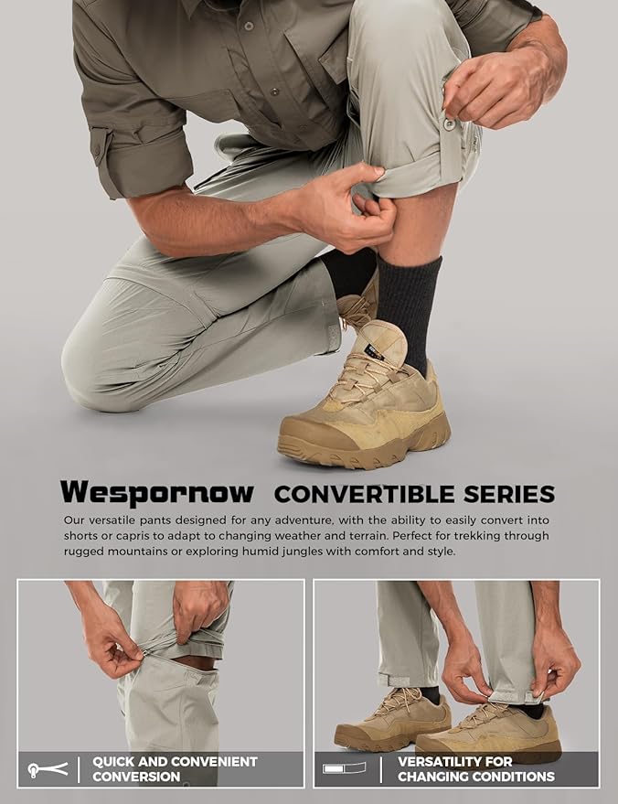 Wespornow Men's-Convertible-Hiking-Pants Quick Dry Lightweight Zip Off Breathable Cargo Pants for Outdoor, Fishing, Safari