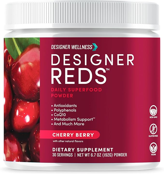 Designer Wellness, Designer Reds, Daily Superfood Powder with Beet Root, Support for Energy, Stress, Immune Health, Heart Health, and Digestive Health, Cherry Berry, 30 Servings