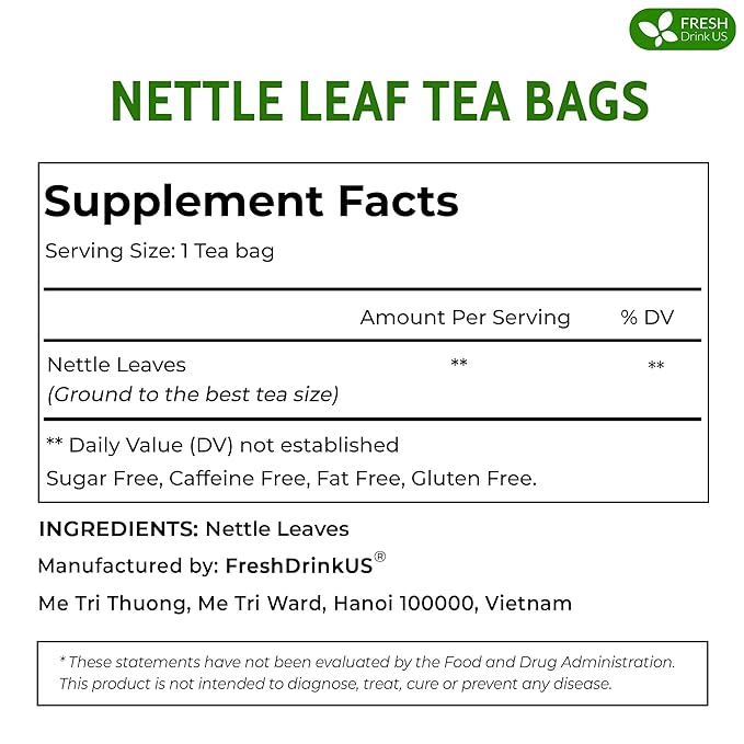 FreshDrinkUS, Premium 135 Nettle Leaf Tea Bags, 100% Natural & Pure, Stinging Nettle Leaf Tea, Nettle Leaf Tea, Burn Nettle, Stinging Nettle, Nettle Tea, Stinger Tea, No Sugar/ Caffeine & Gluten, Vegan