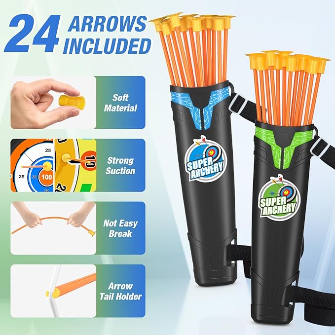 2 Pack Kids Bow and Arrow with 29" Large Dart Board, LED Light Up Archery Set with 24 Suction Cup Arrows, Indoor Outdoor Sport Toys Gifts for 3 4 5 6 7 8 9 10 11 12 Year Old Boys Girls