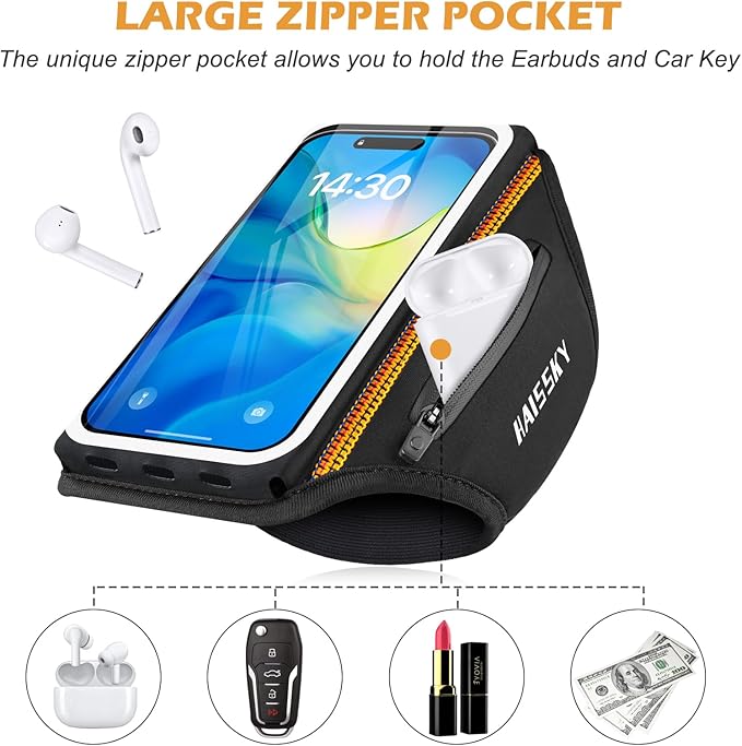 Running Armband with Earphone Bag Cell Phone Armband for iPhone 16 15 Pro 14 Plus 13 11 XR XS, Galaxy S24/S10 Water Resistant Sports Phone Holder Case & Zipper Slot Car Key Holder for 6.9 inch Phone