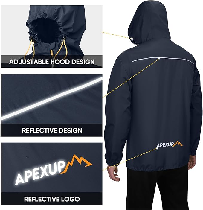 APEXUP Packable Rain Jacket Men with Reflective Zipper, Lightweight Waterproof Raincoat, Mens Rain Jacket for Outdoor Sports
