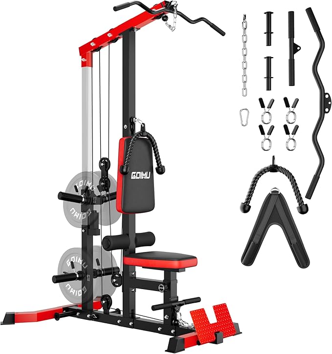 LS01 LAT Pulldown Machine, LAT Row Cable Machine with AB Crunch, LAT Tower with Cable Row Attachments, 3 in 1 Pulley Stations for Home Gym