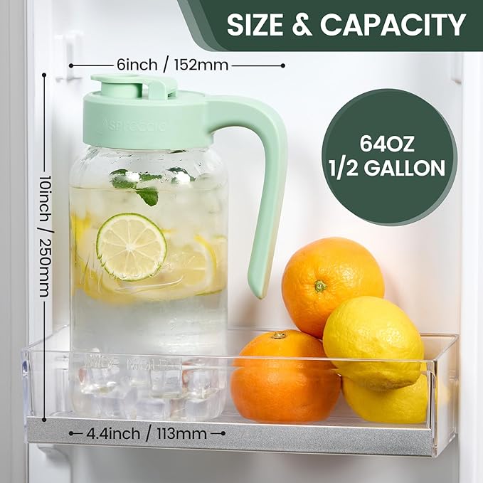 Mason Jar Pitcher - Airtight & Leakproof Glass Pitcher with Lid[set of 2], Perfect for Breastmilk, Cold Brew, and Sun Tea, 2 Quart (64 oz) Mason Jar with Pour Spout Lid