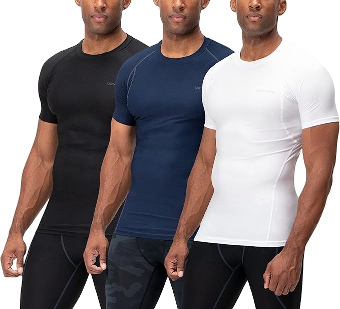 DEVOPS 3 Pack Men's Cool Dry Short Sleeve Compression Shirts, Sports Baselayer T-Shirts Tops, Athletic Workout Shirt