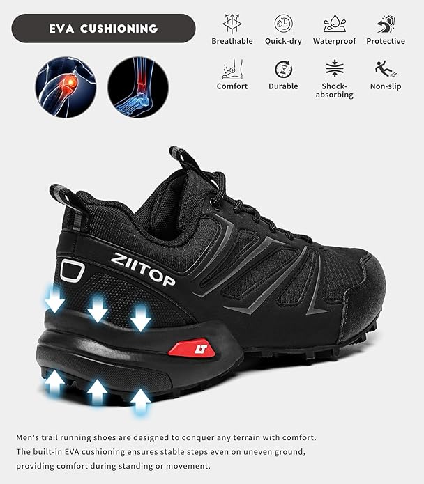 Mens Trail Running Shoes Waterproof Non-Slip Hiking Walking Sneakers for Outdoor Trailing Trekking Camping Quest Black