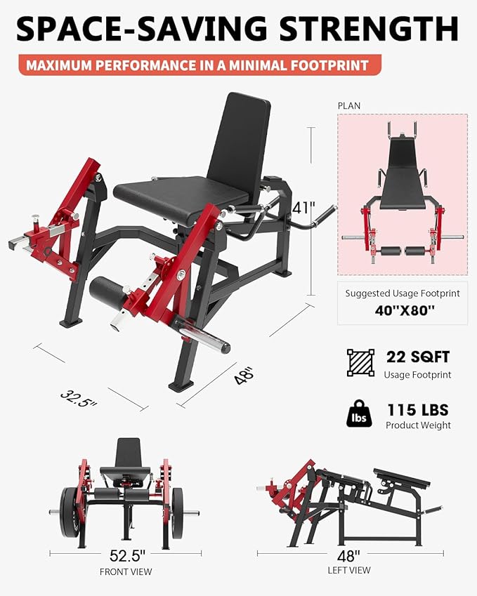 GMWD Leg Extension and Curl Machine, Single Leg Extension, Lying Leg Curl, Standing Leg Curl, Adjustable Leg Exercise Bench with Plate Loaded, Leg Machine Home Gym, Red