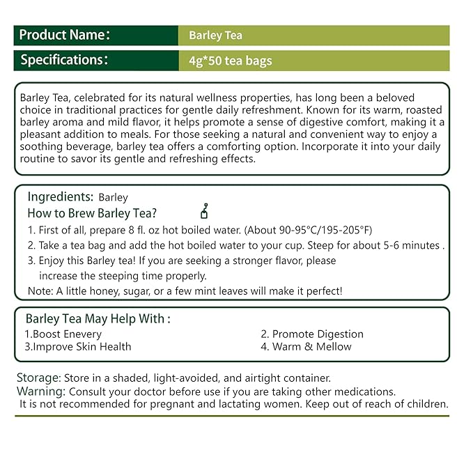 Samcci - Barley Tea, 4g×50 Count Premium Natural Roasted Barley Tea Bags - Non-GMO - Caffeine-Free - Sugar Free - Mugicha -Nutty - Digestion Support & Rich in Nutrition