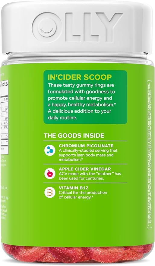 OLLY Metabolism Gummy Rings, Metabolism and Cellular Energy Chewable Supplement,* Apple Cider Vinegar, Vitamin B12, Chromium Picolinate, Apple Flavored, 60 Day Supply - 60 Count