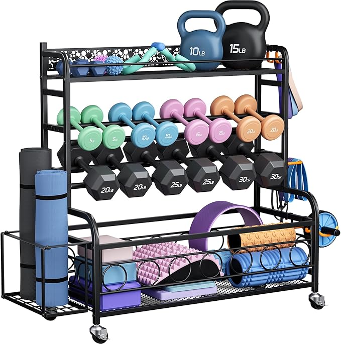 Dumbbell Rack, VOPEAK Weight Rack for Home Gym, Home Gym Storage Rack for Yoga Mat Kettlebells and Strength Training Equipment, Weight Storage Rack for Dumbbells with Wheels