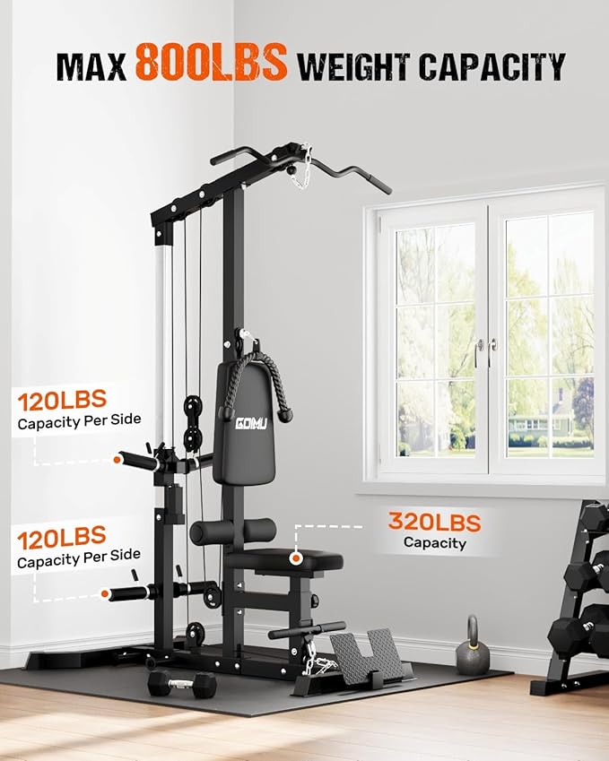 LS01 LAT Pulldown Machine, LAT Row Cable Machine with AB Crunch, LAT Tower with Cable Row Attachments, 3 in 1 Pulley Stations for Home Gym