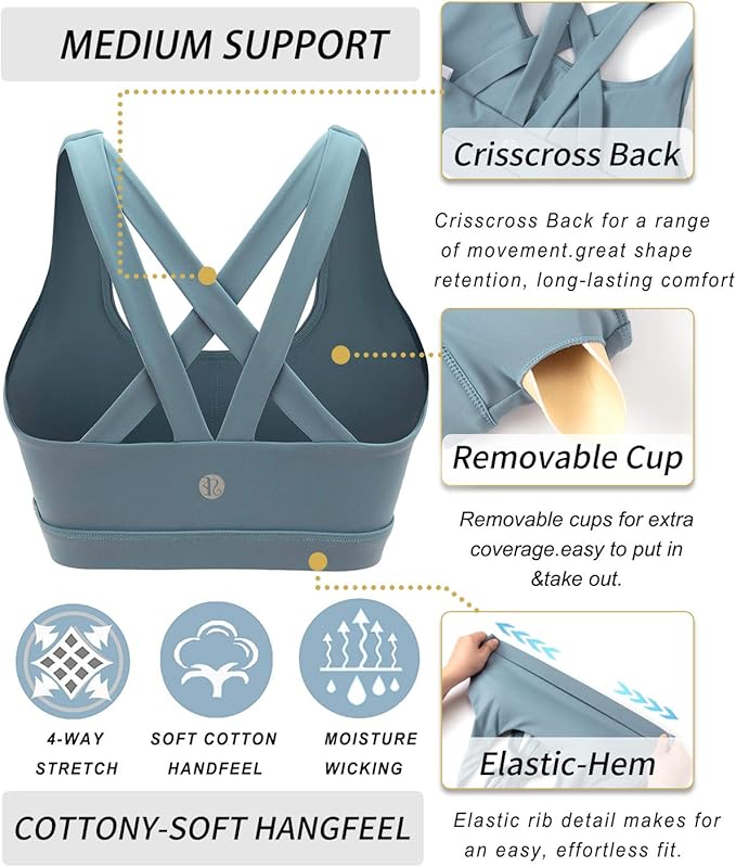 RUNNING GIRL Sports Bra for Women, Criss-Cross Back Padded Strappy Sports Bras Medium Support Yoga Bra with Removable Cups