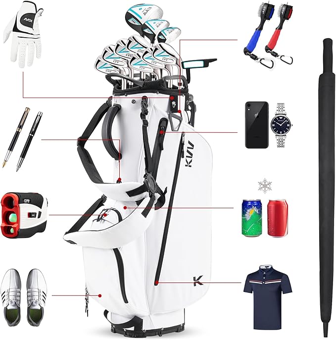 KVV Lightweight Golf Stand Bag with 7 Way Full-Length Dividers, 5 Zippered Pockets, Automatically Adjustable Dual Straps，Elegant Design