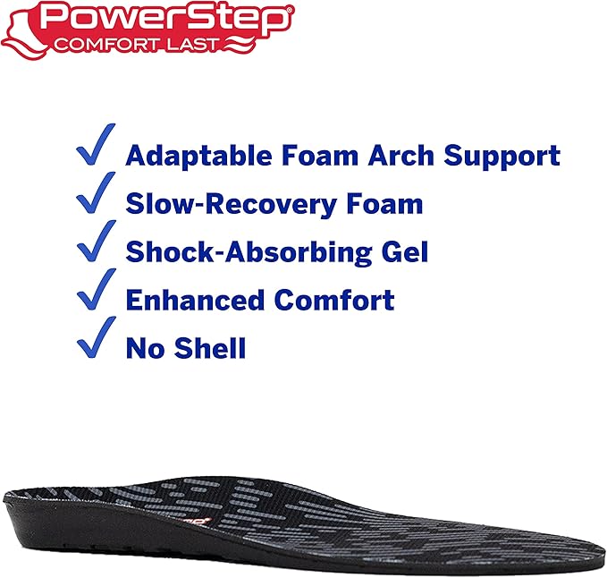 PowerStep Comfort Last Insoles, Cushioning Gel Insoles for Standing All Day, Supports Metatarsal Pain, Foot Arch, Heel Pain, All Day Comfort, Made in The USA (Men's 5-6.5 / Women's 7-8.5)