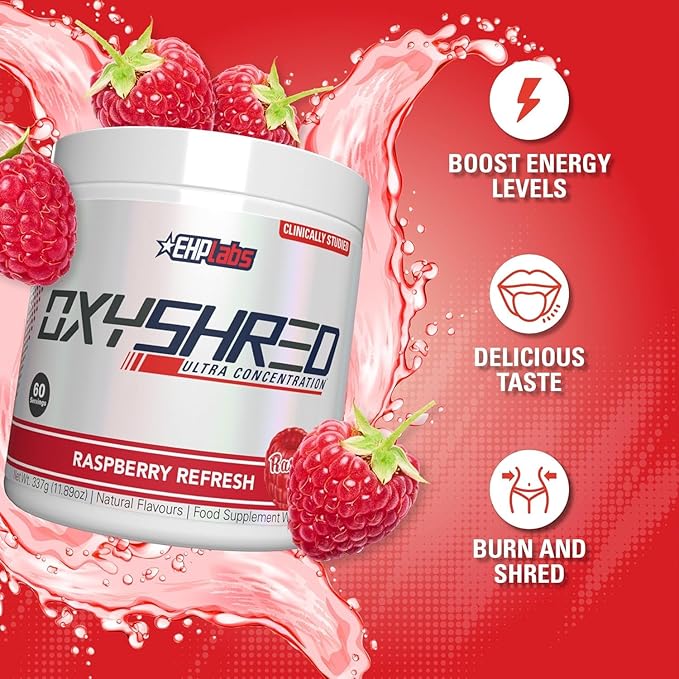 EHP Labs OxyShred Pre Workout Powder - Preworkout Powder with L Glutamine & Acetyl L Carnitine, Energy Boost Drink - Raspberry Refresh, 60 Servings
