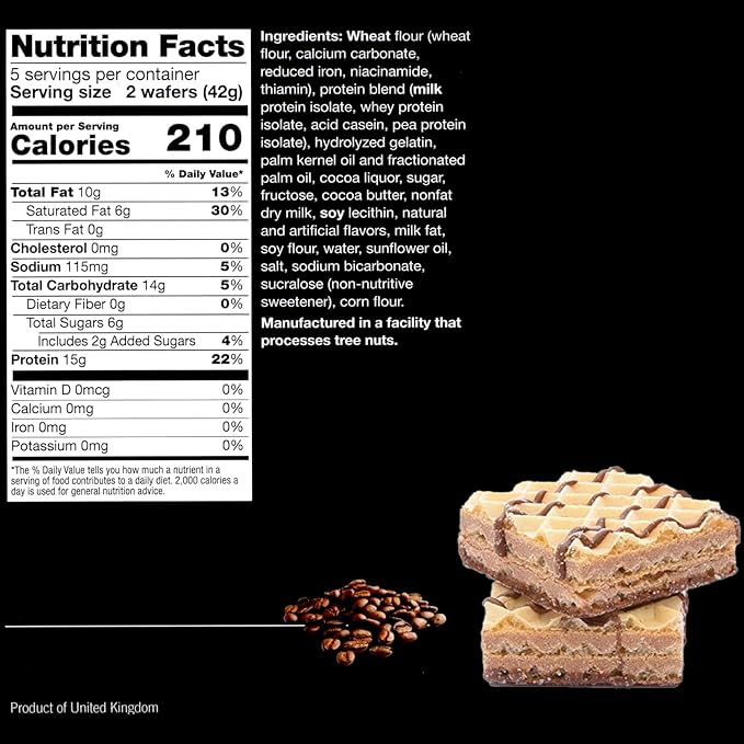 ProtiWise High Protein Wafers | Mocha | 15g Protein Per Serving, Low Carb, Low Sugar, High Fiber Snack | Gluten-Free, Keto-Friendly Diet for Hunger Control & Weight Loss | 5/Box