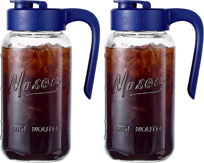 Mason Jar Pitcher - Airtight & Leakproof Glass Pitcher with Lid[set of 2], Perfect for Breastmilk, Cold Brew, and Sun Tea, 2 Quart (64 oz) Mason Jar with Pour Spout Lid