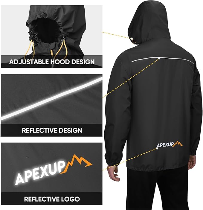 APEXUP Packable Rain Jacket Men with Reflective Zipper, Lightweight Waterproof Raincoat, Mens Rain Jacket for Outdoor Sports