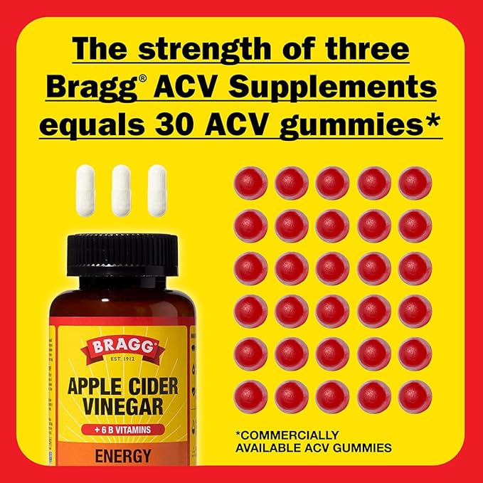 Bragg Energy Apple Cider Vinegar Capsules with B-12 Vitamins - 90 Capsules - Weight Management - Non-GMO, Vegan, Gluten Free, No Sugar - Helps Generate Energy at Cellular Level for Men and Women