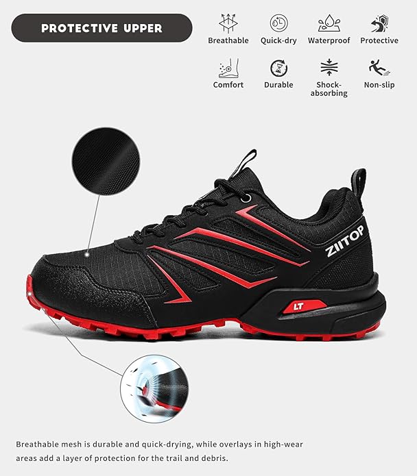 Mens Trail Running Shoes Waterproof Non-Slip Hiking Walking Sneakers for Outdoor Trailing Trekking Camping Quest Black