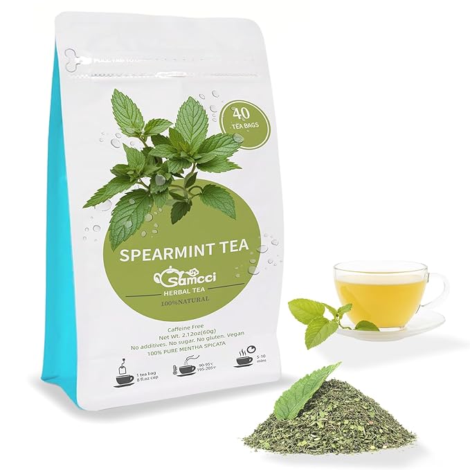 Samcci - Spearmint Tea Bags, 40 Teabags, 1.5g/bag - Pure Spearmint Leaves - Non-GMO - Caffeine-free Herbal Tea - Hormone Balance & Support Digestion & Natural Breath Freshener