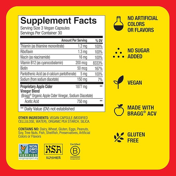 Bragg Energy Apple Cider Vinegar Capsules with B-12 Vitamins - 90 Capsules - Weight Management - Non-GMO, Vegan, Gluten Free, No Sugar - Helps Generate Energy at Cellular Level for Men and Women