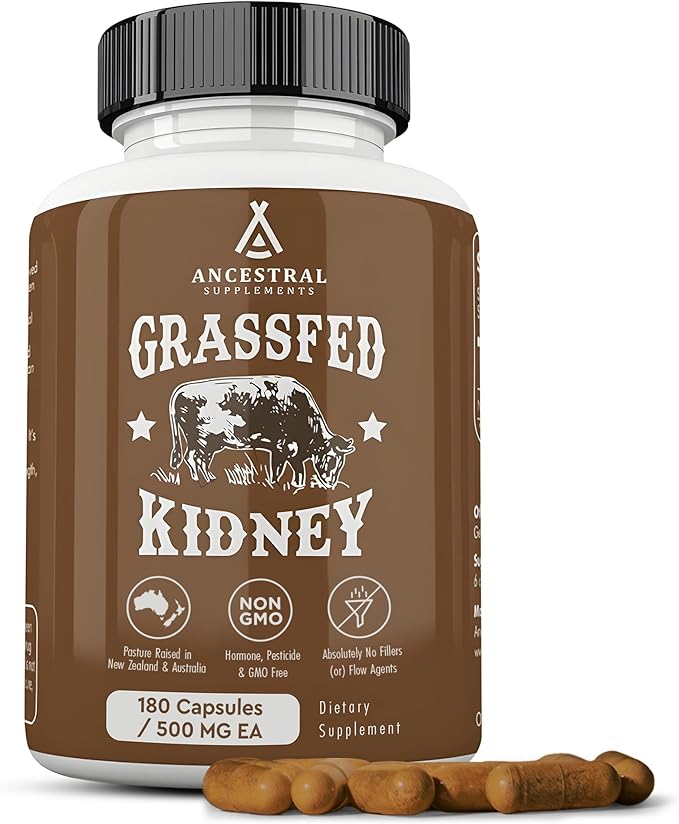 Ancestral Supplements Grass Fed Beef Kidney Supplement, 3000mg, DAO Enzyme Supplement, Kidney Support for Urinary and Histamine Health, Selenium, B12, Non GMO, 180 Capsules