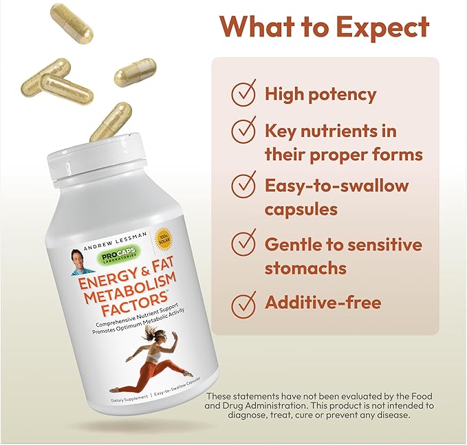 ANDREW LESSMAN Energy and Fat Metabolism Factors - 60 Capsules - Promotes Optimum Fat and Energy Metabolism, with Carnitine, Green Tea, Guarana, Ginseng, B-Complex. Easy to Swallow Capsules